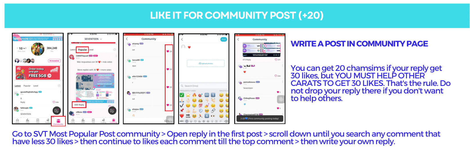 2. Write a post on community page and get 30 likes to receive 20 time chamsims